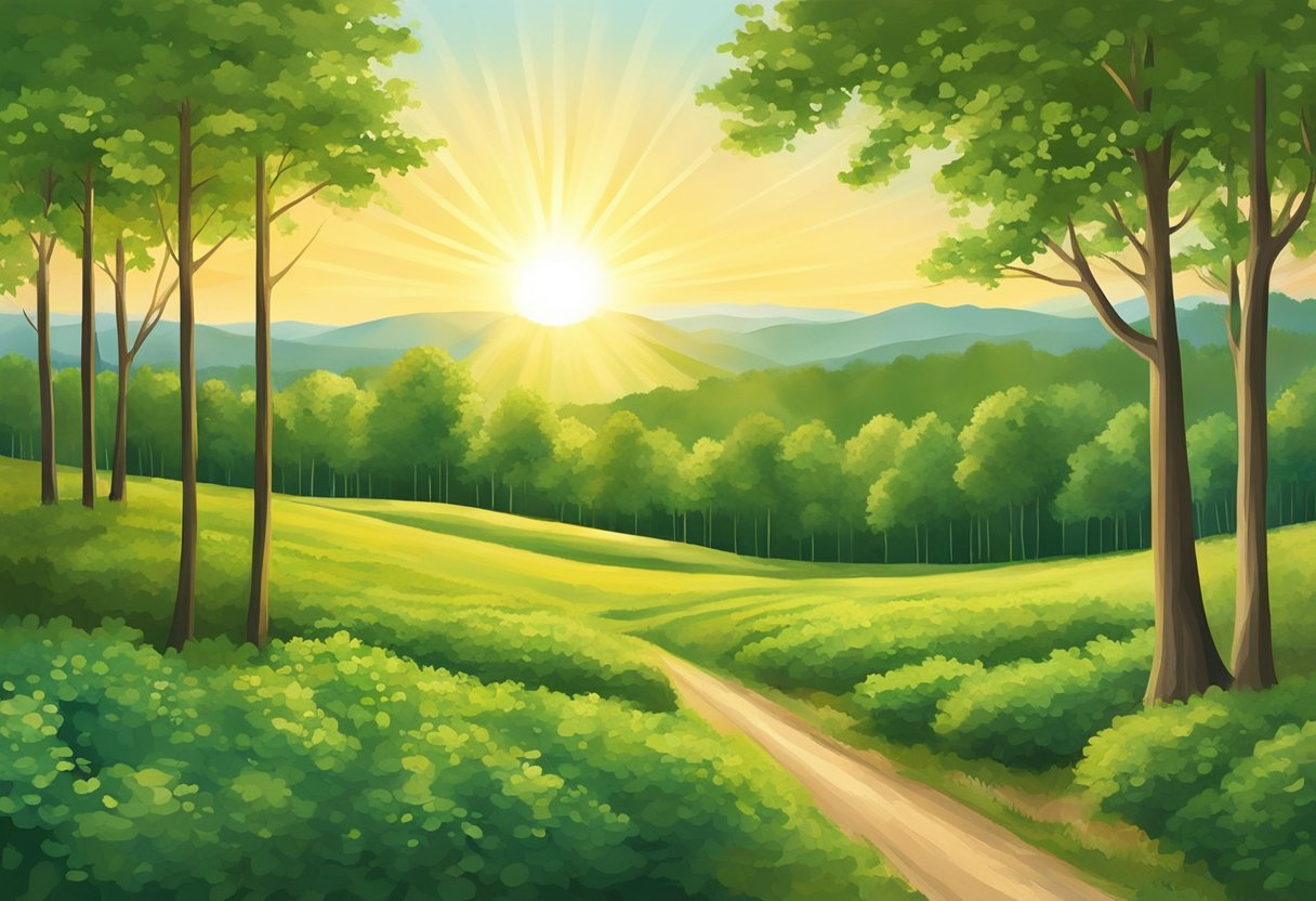 The sun shines brightly over a lush North Carolina landscape, with vibrant green trees swaying in the gentle breeze. It's the perfect time to plant new trees, as the weather is warm and the soil is fertile