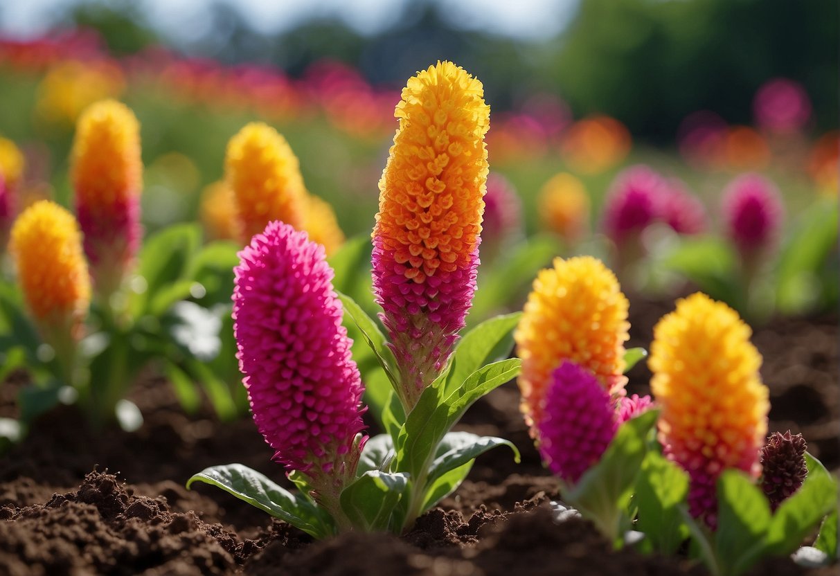 Vibrant celosia flowers emerge from the soil, reaching towards the sun with their bold, fiery hues