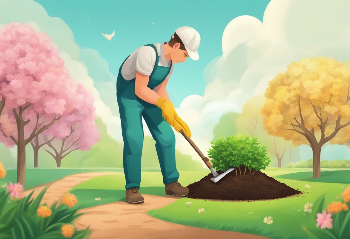 A gardener fertilizes and cares for soil around a young tree in springtime