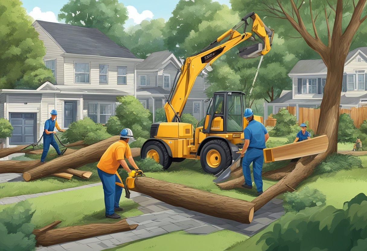 Insurance companies cover tree removal. A tree lies fallen in a yard, with a team of workers using equipment to remove it