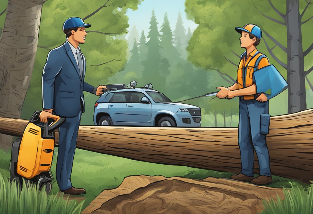 Insurance logo on a tree, a fallen tree with a chainsaw nearby, a person talking to an insurance agent
