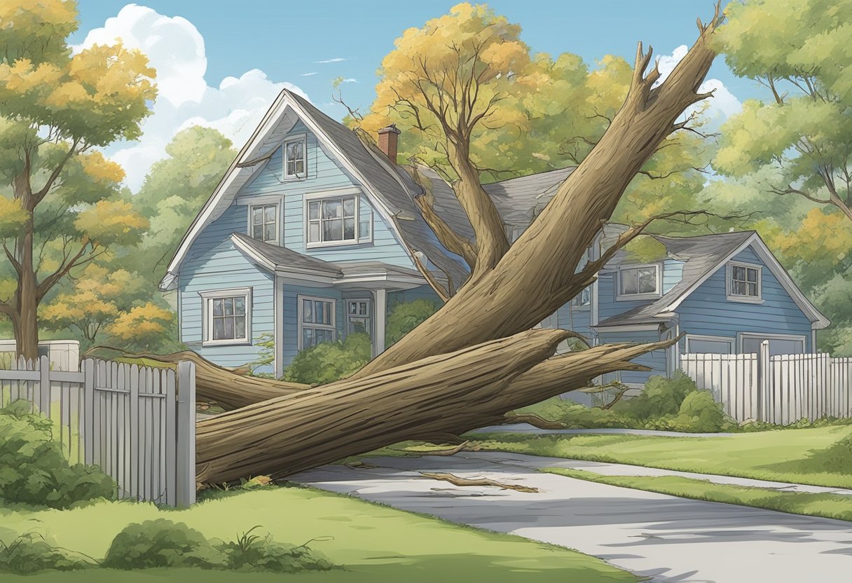 Insurance covers tree removal: fallen trees damaging property, blocking driveways, or posing safety risks. Illustrate a fallen tree near a house, blocking a driveway, and leaning dangerously over a fence