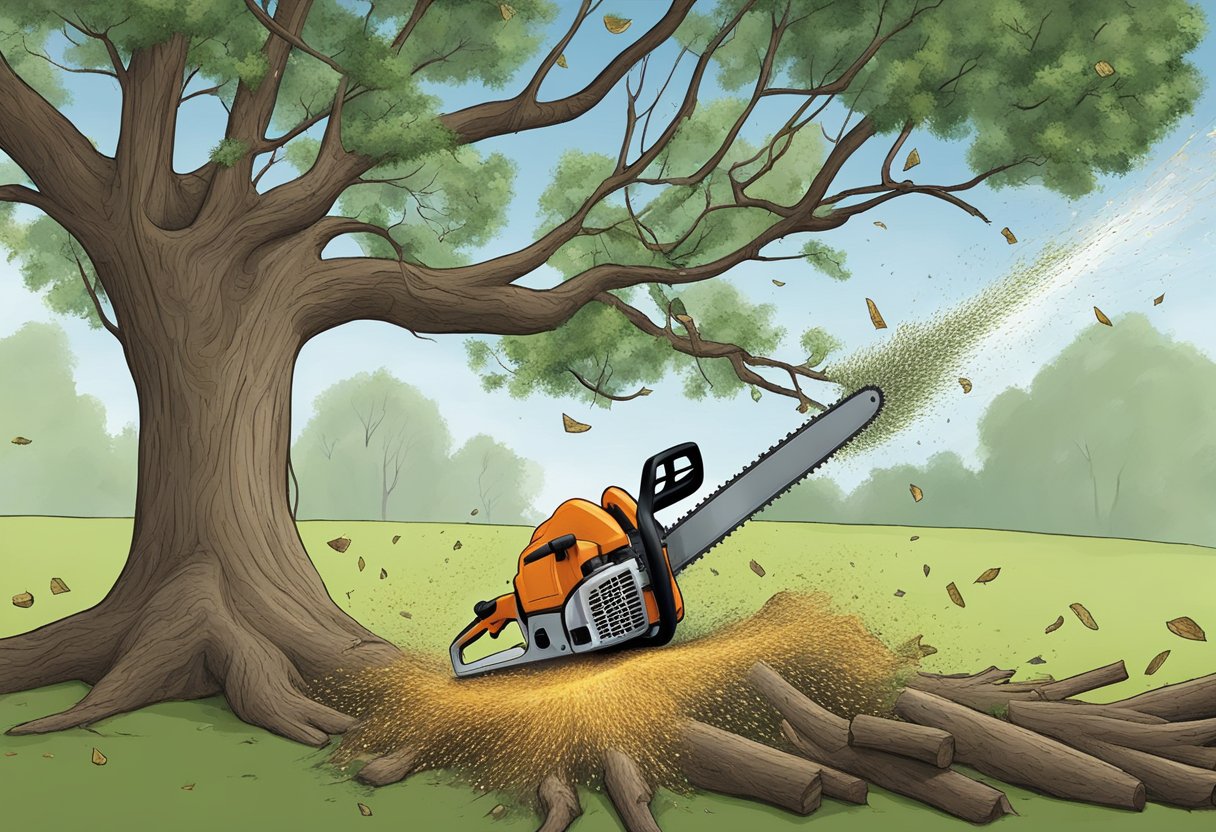 A tree being trimmed with a chainsaw and branches falling to the ground