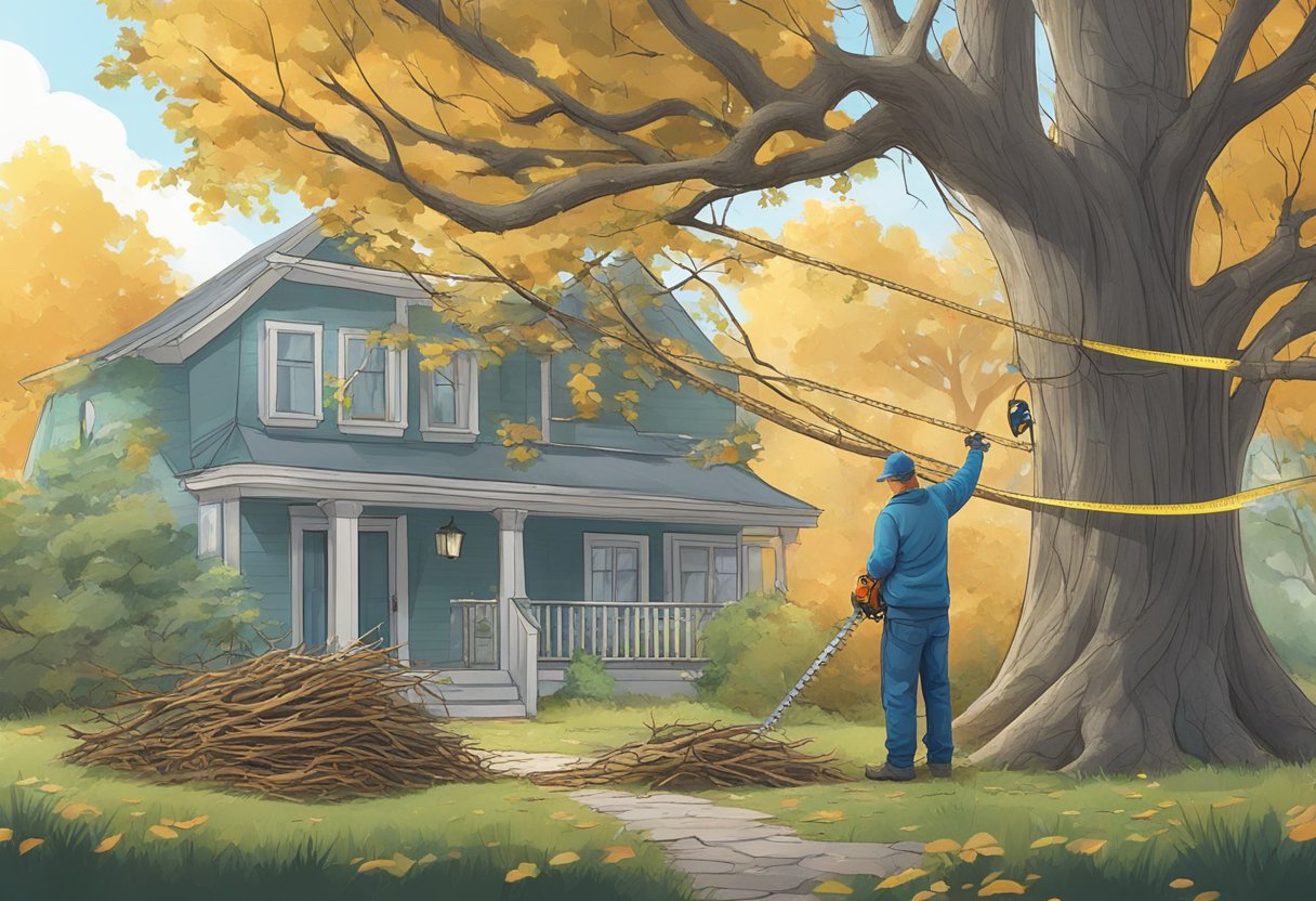 A tree with overgrown branches leaning toward a house. A person holding a chainsaw and measuring tape. A pile of trimmed branches nearby