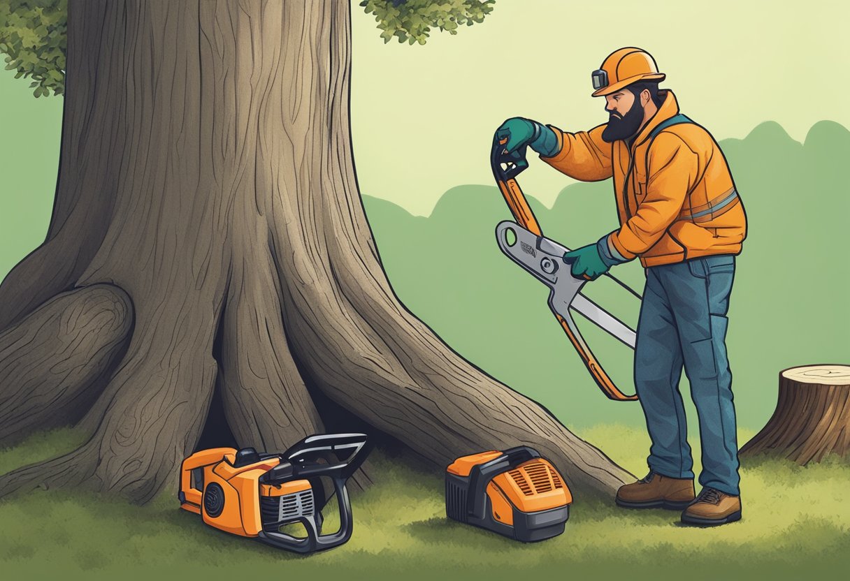 A tree being trimmed with a person holding pruning shears, next to a tree stump with a chainsaw and scattered branches