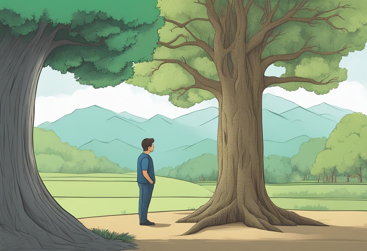 A person ponders over a tree, with one side trimmed and the other side cut down. Cost comparison chart in hand