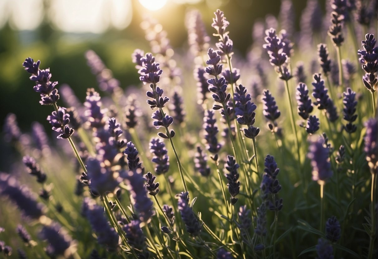 Lavender blooms all summer, filling the air with its sweet fragrance. Bees buzz around the vibrant purple flowers, while the sun shines down on the lush green plants