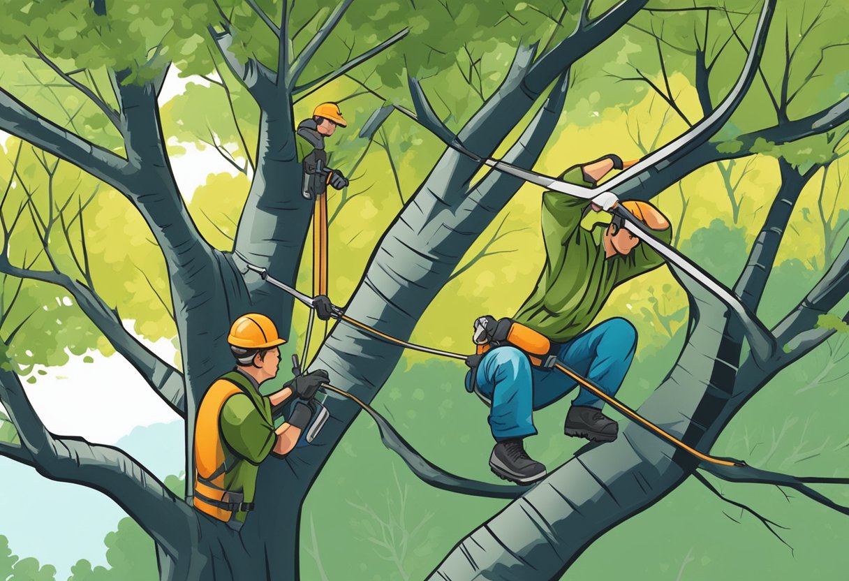 A tree surgeon carefully trims branches in a suburban backyard