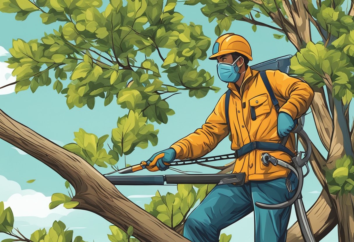 A tree pruner trims branches with precision in a suburban yard