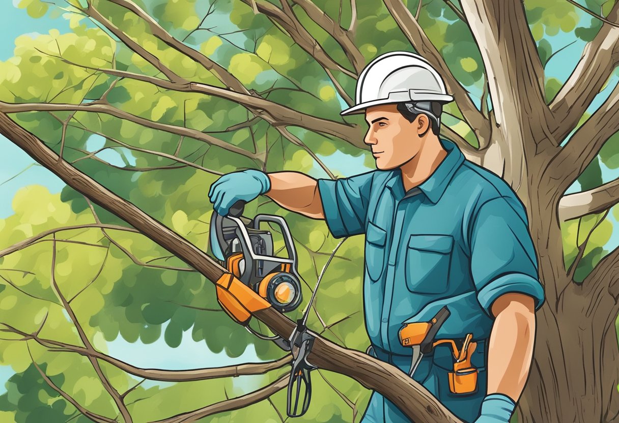 A tree surgeon carefully trims branches in a suburban backyard, using specialized tools to maintain the structural integrity of the tree