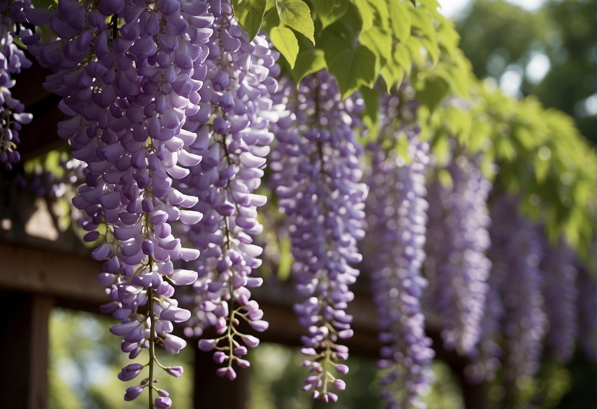 A wisteria vine cascades over a wooden pergola, its delicate purple flowers emitting a sweet, intoxicating fragrance