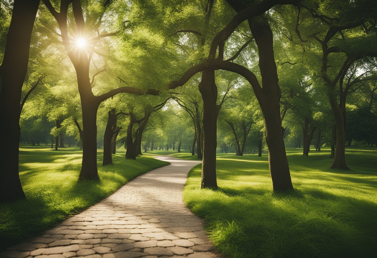 Lush green trees fill the spacious park, with winding paths and open grassy areas. Sunlight filters through the foliage, creating dappled patterns on the ground