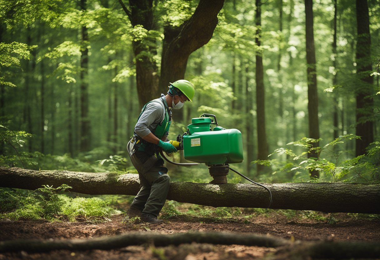 A tree specialist applies fungicide to a diseased oak tree in a lush North Carolina forest