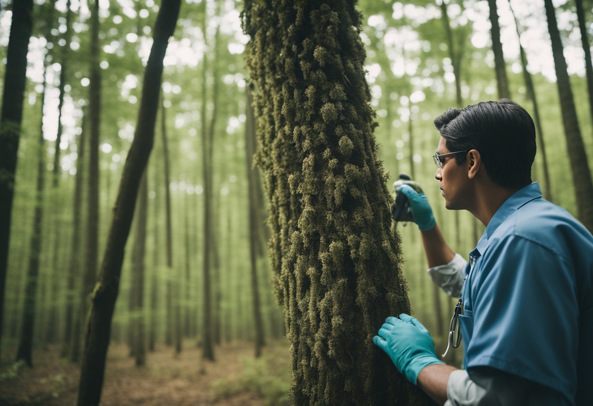 A tree disease specialist examines and treats diseased trees in a North Carolina forest