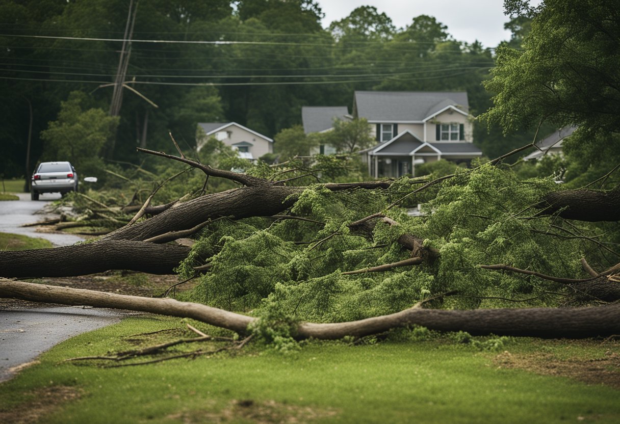 Trees uprooted, branches scattered, debris strewn about, power lines down, and damaged structures in Concord, NC after storms or natural disasters