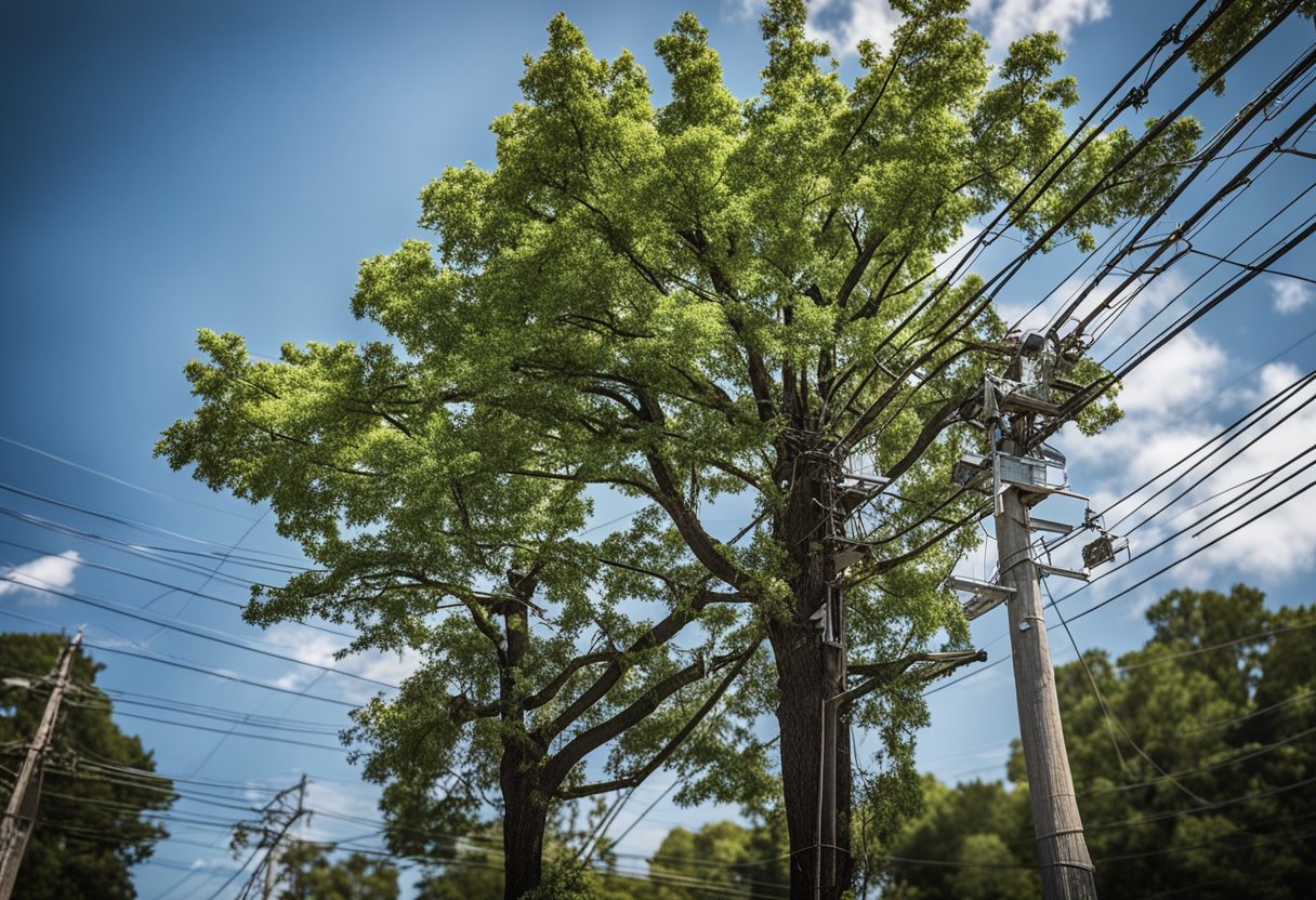 A tree stands dangerously close to power lines and structures in Concord, NC. Signs of distress are evident, signaling the need for a tree service