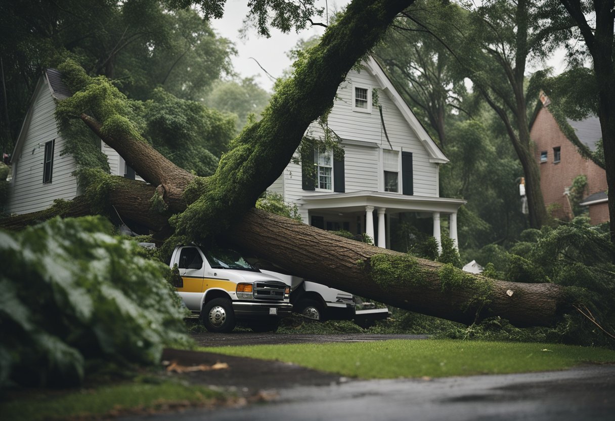 A large tree falls onto a house during a storm. Debris and branches are scattered around the area. A tree removal truck and crew are on site, working to clear the fallen tree