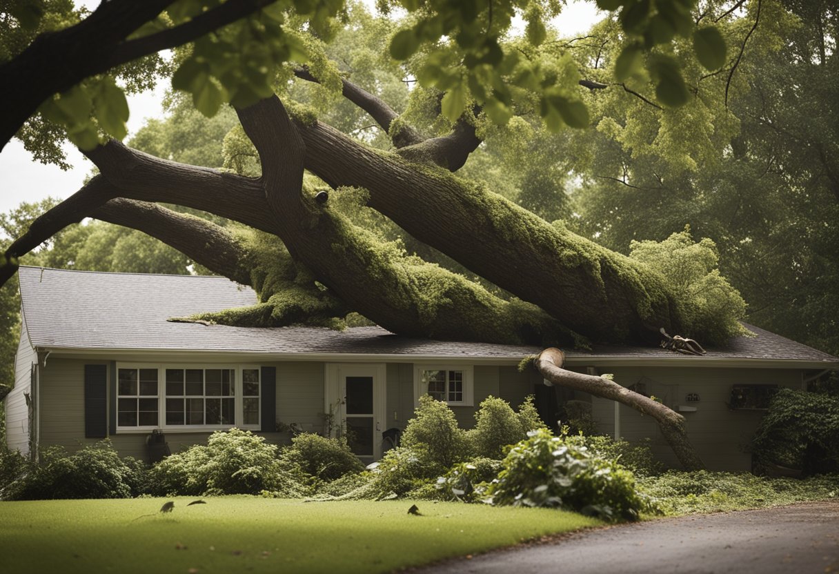 A large tree has fallen onto a house, causing significant damage to the roof and exterior. Debris is scattered around the area, and emergency tree service workers are on site assessing the situation