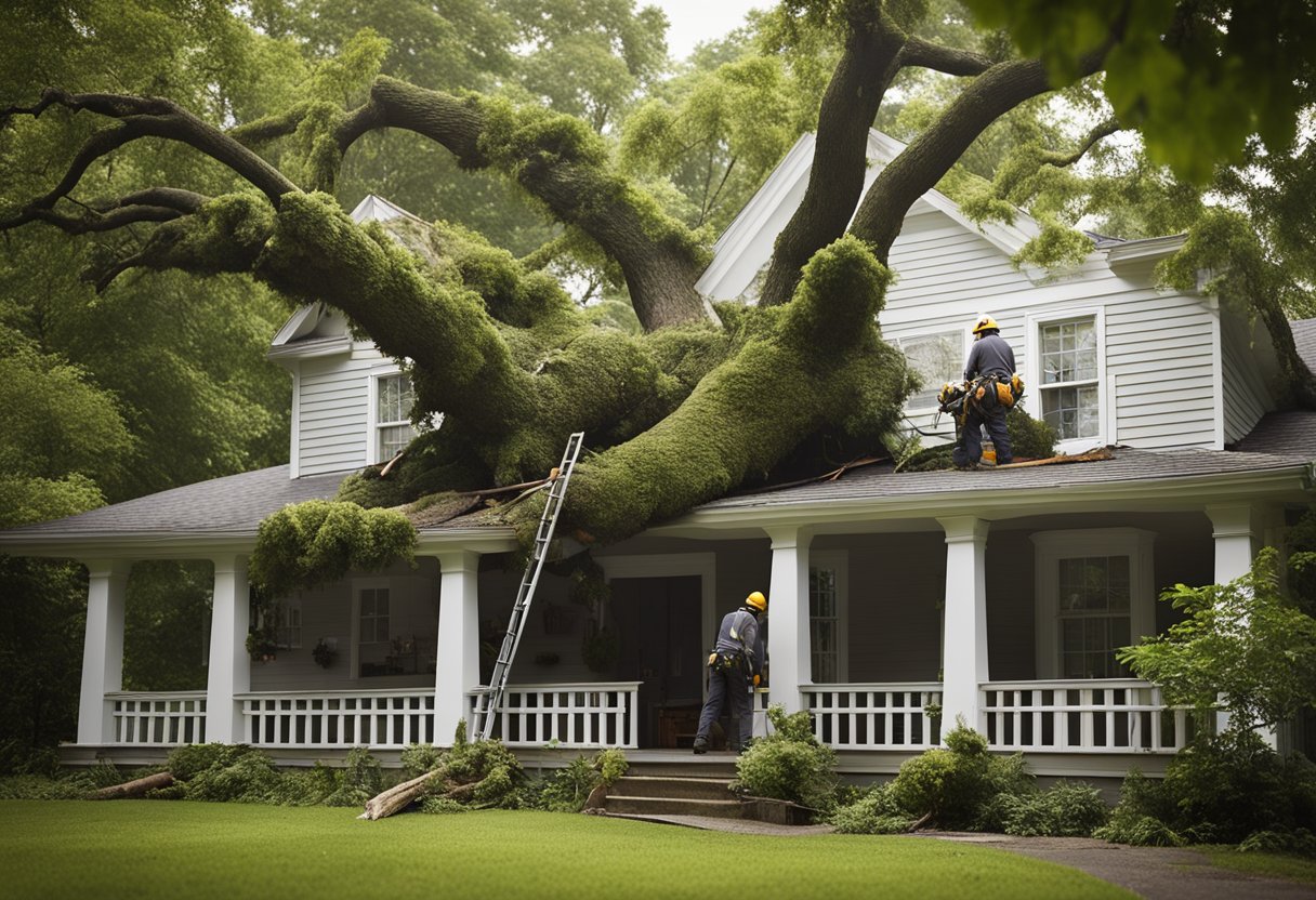 A large tree has fallen onto a house, causing damage to the roof. Emergency tree removal crew is on site, using specialized equipment to carefully remove the tree and assess the extent of the damage