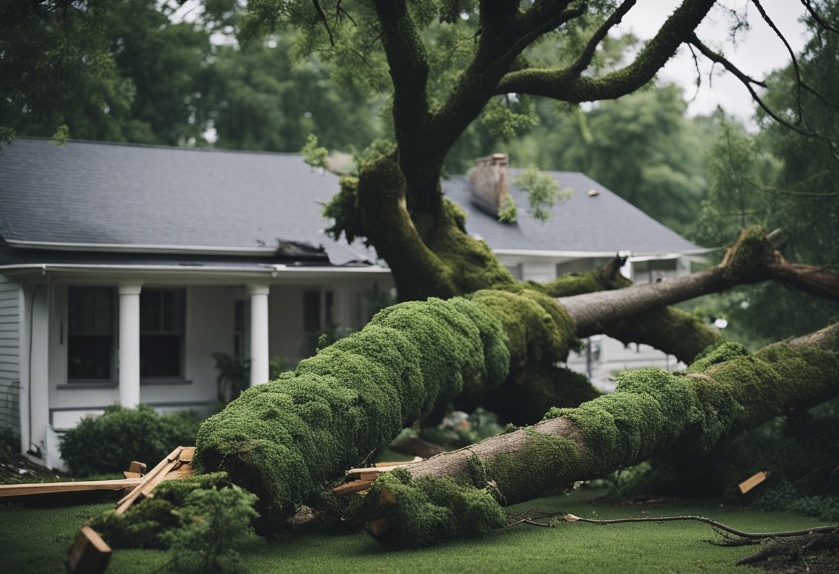 A tree falls on a house during a storm. Emergency crews work to remove the tree and repair the damage