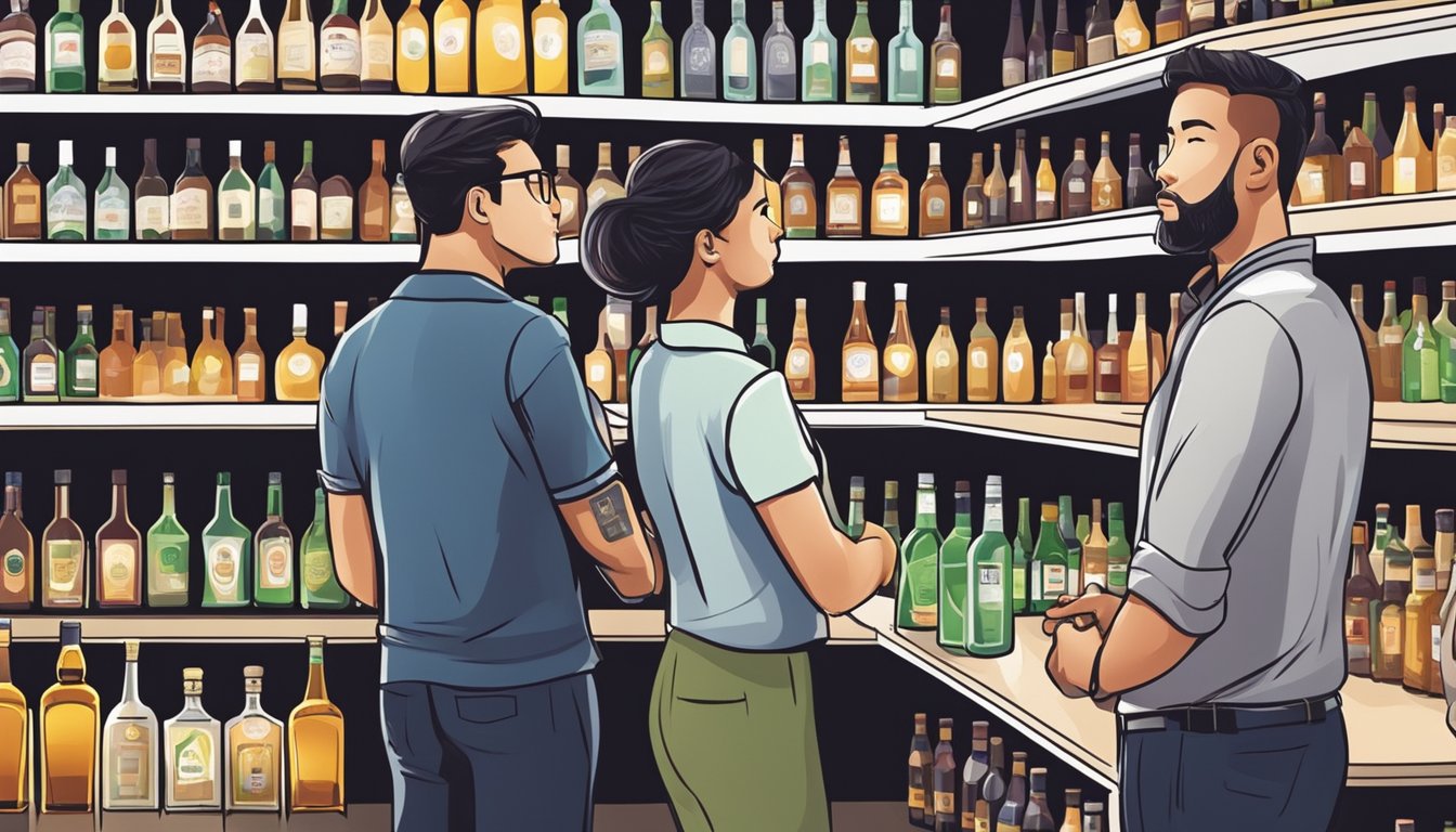 Customers at a liquor store in Singapore select bottles from shelves