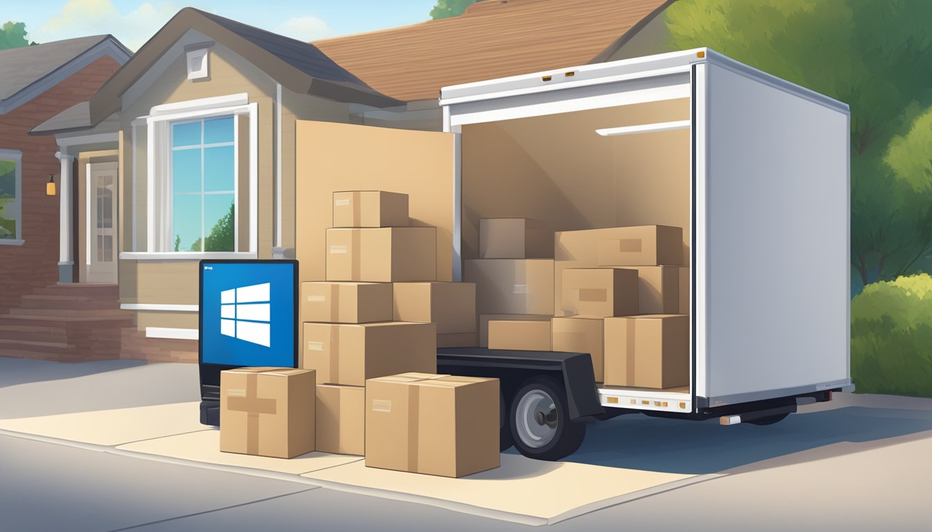 A package labeled "Windows 10" sits on a doorstep, with a delivery truck in the background. A digital license key is displayed on a computer screen