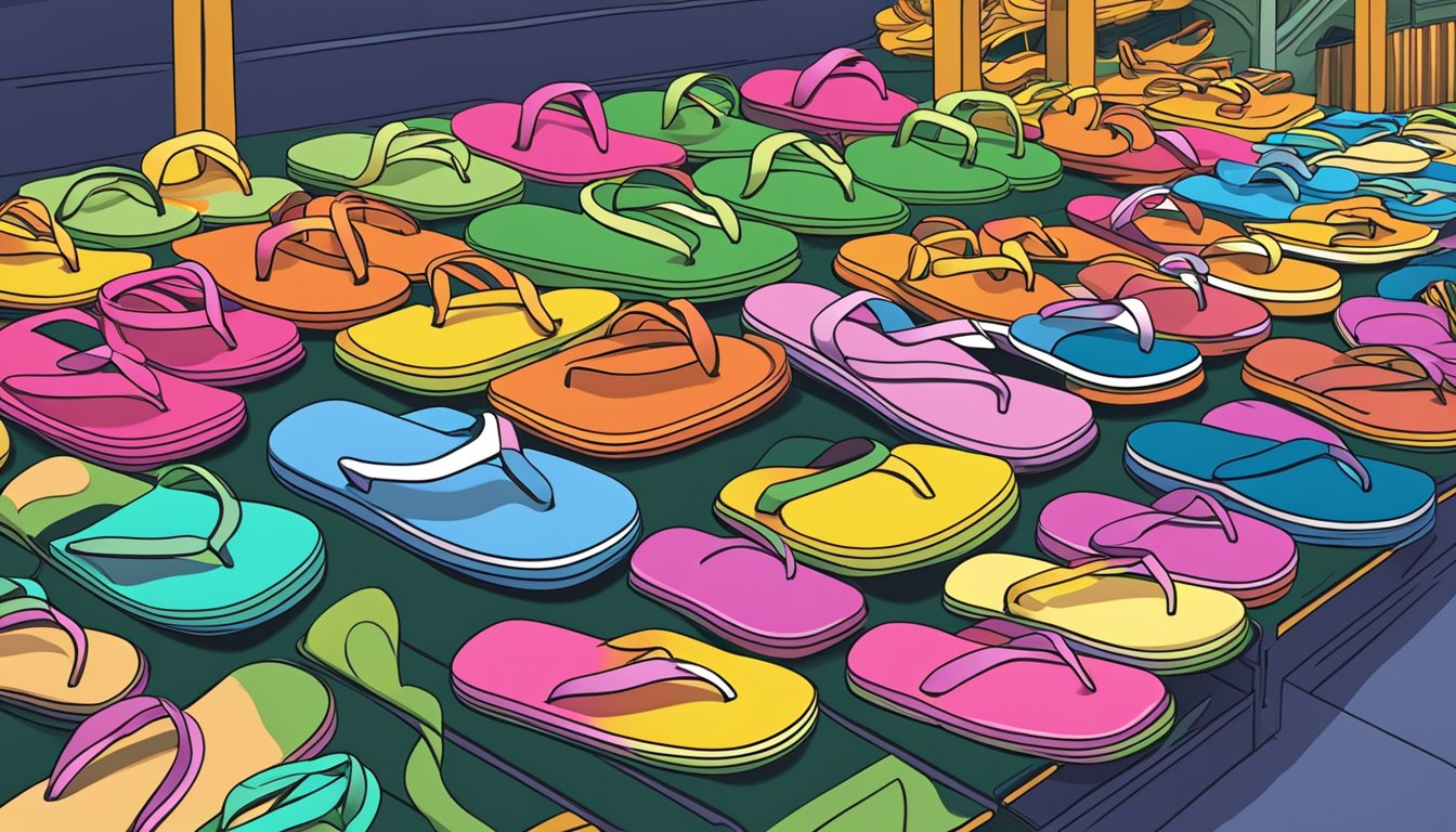 A colorful display of flip flops with a sign "Frequently Asked Questions" in a busy Singaporean market