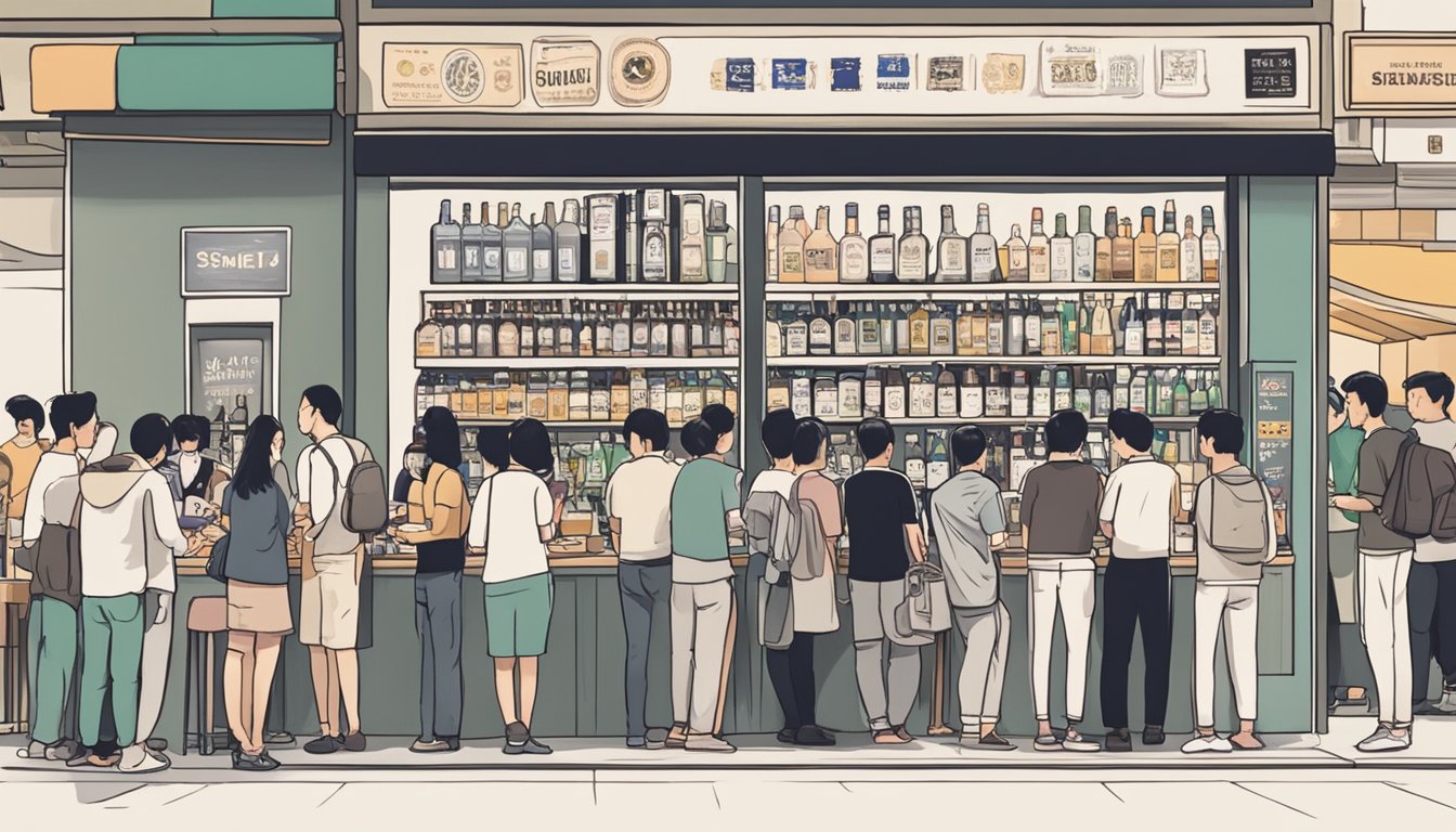 People queue at a Singaporean alcohol shop, observing social norms and cultural etiquette while purchasing their drinks