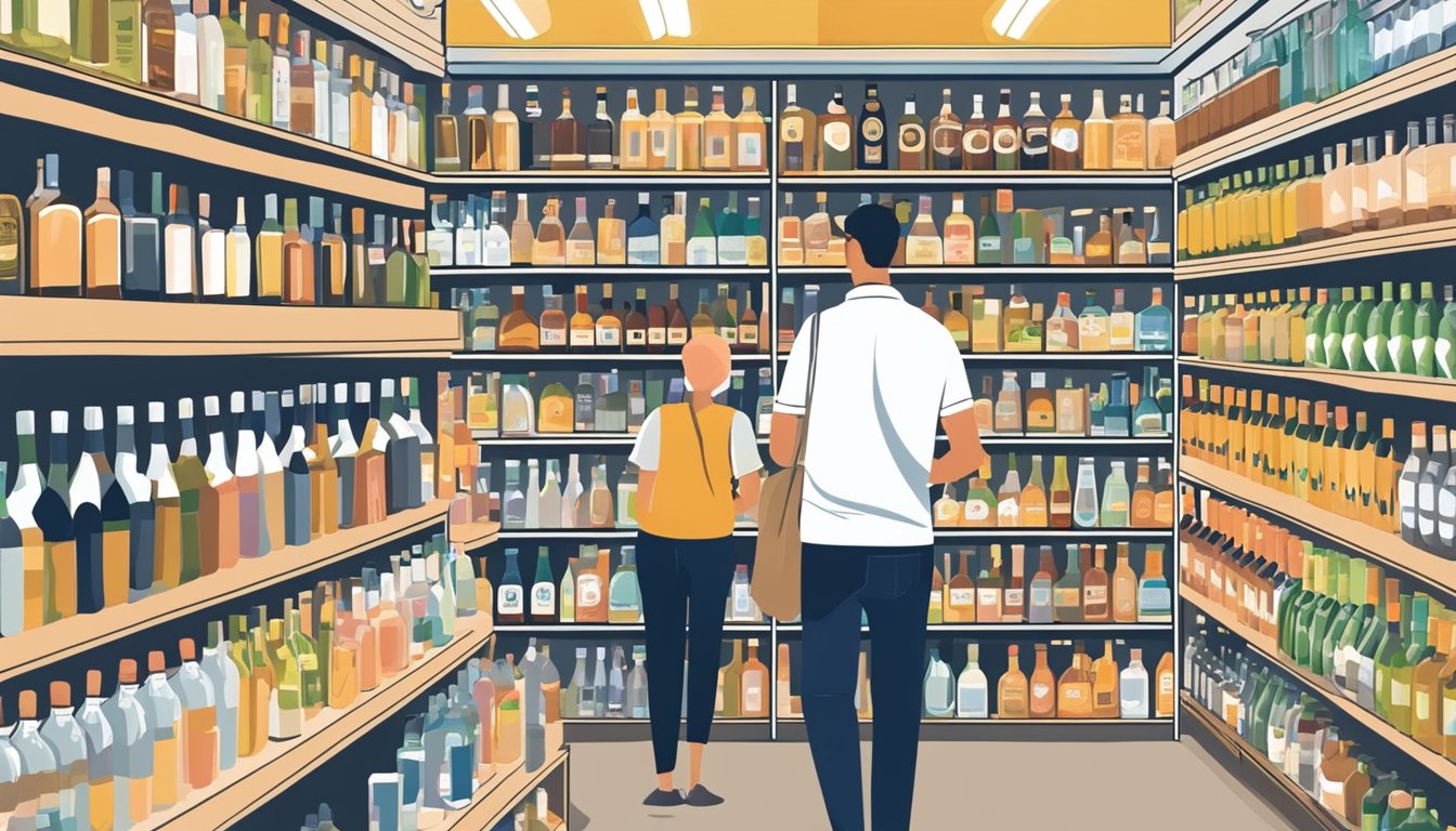 Customers browsing shelves of alcohol in a well-lit Singaporean store, with clear signage for "Frequently Asked Questions" about buying times