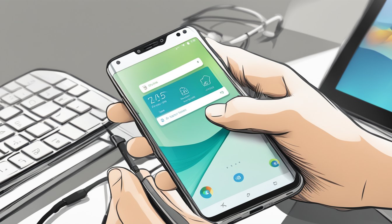 A hand holds an Asus Zenfone 5, with a computer and camera in the background. The phone is being purchased online, with a "buy now" button on the screen
