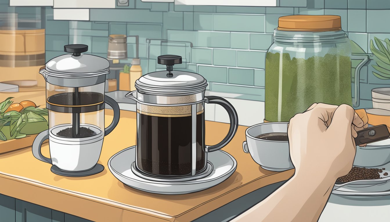 A hand reaches for a French press on a kitchen counter in Singapore