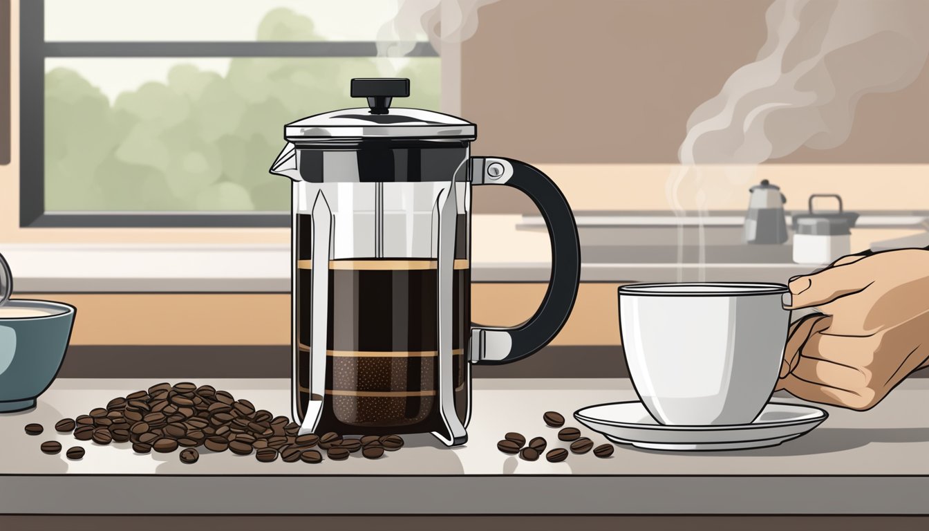 A hand reaches for a sleek French press on a countertop, surrounded by coffee beans and a steaming mug