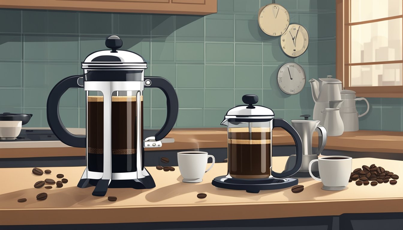 A French press sits on a kitchen counter, surrounded by coffee beans, a kettle, and a timer. The plunger is pushed down, steeping the rich coffee