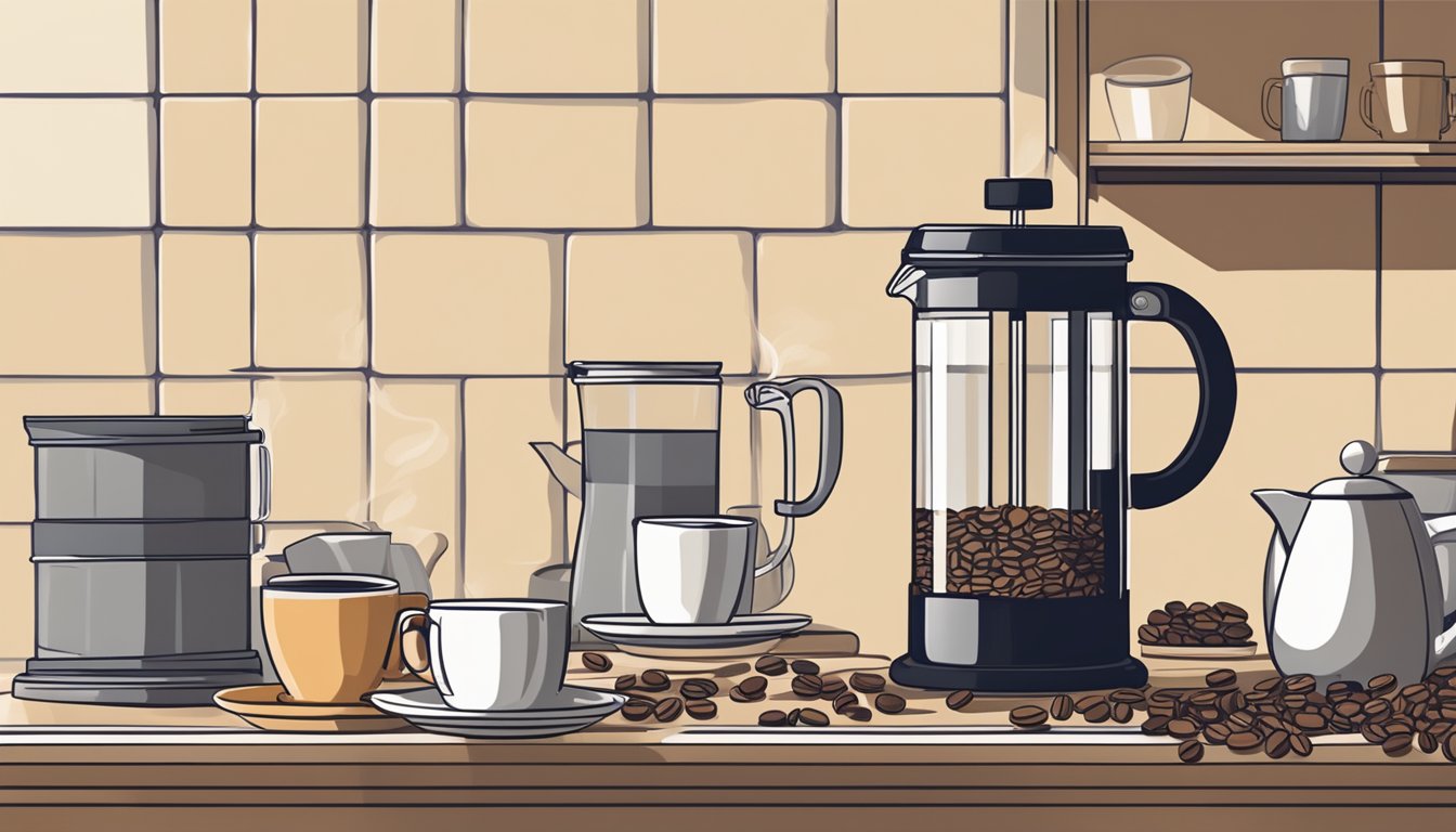 A French press sits on a kitchen counter, surrounded by bags of coffee beans and a stack of clean mugs. A hand reaches for the press, ready to brew