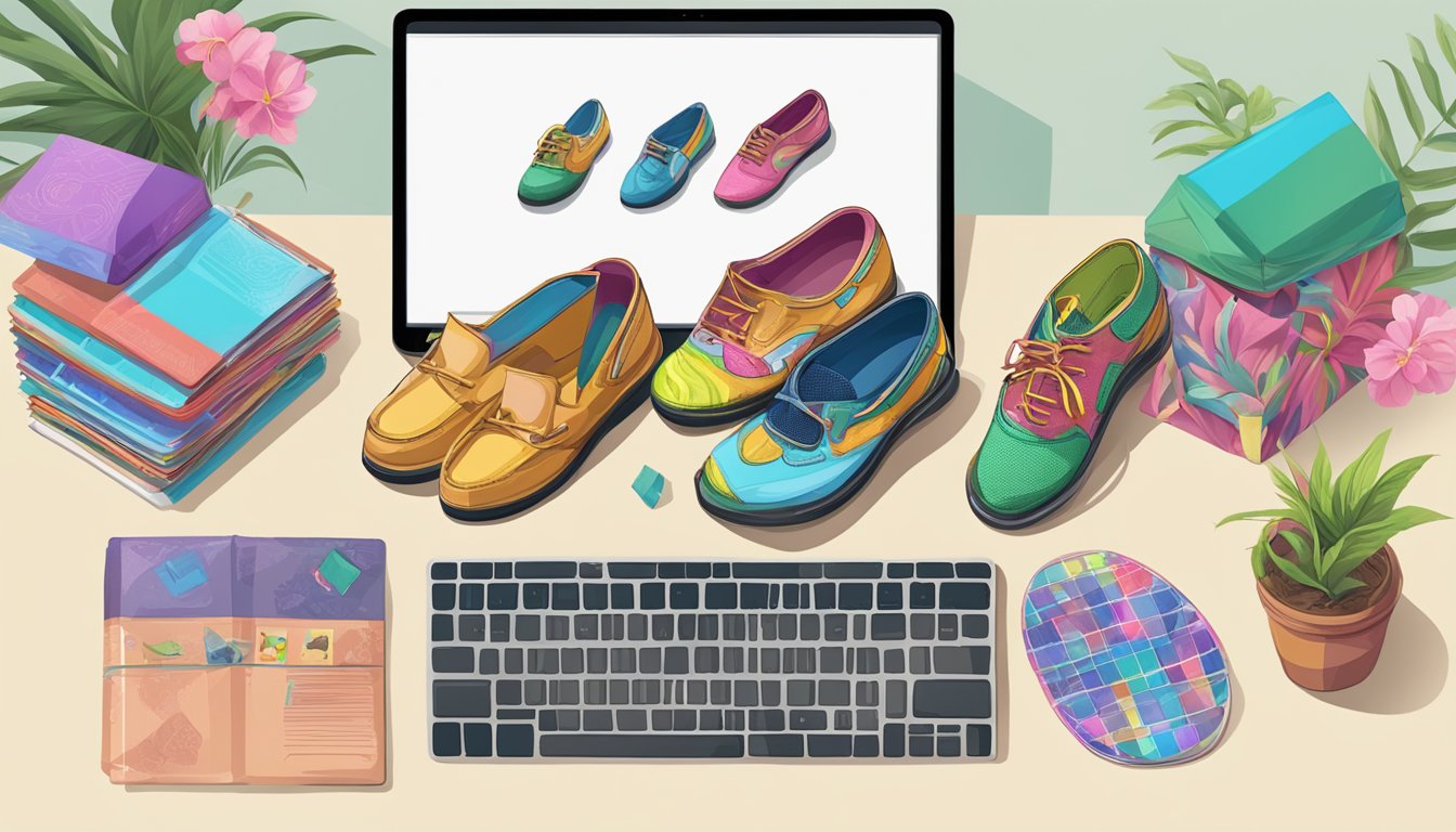 A computer screen displaying a website with a variety of colorful shoes from Vietnam. An open package with a pair of shoes beside it