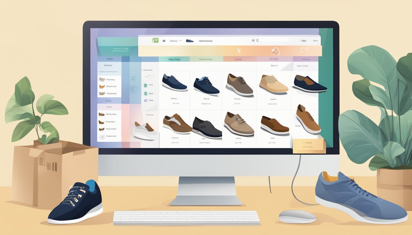 A computer screen displays various Vietnamese shoe websites. A hand moves a mouse to click on different shoe options. Boxes of shoes are shown with prices and descriptions