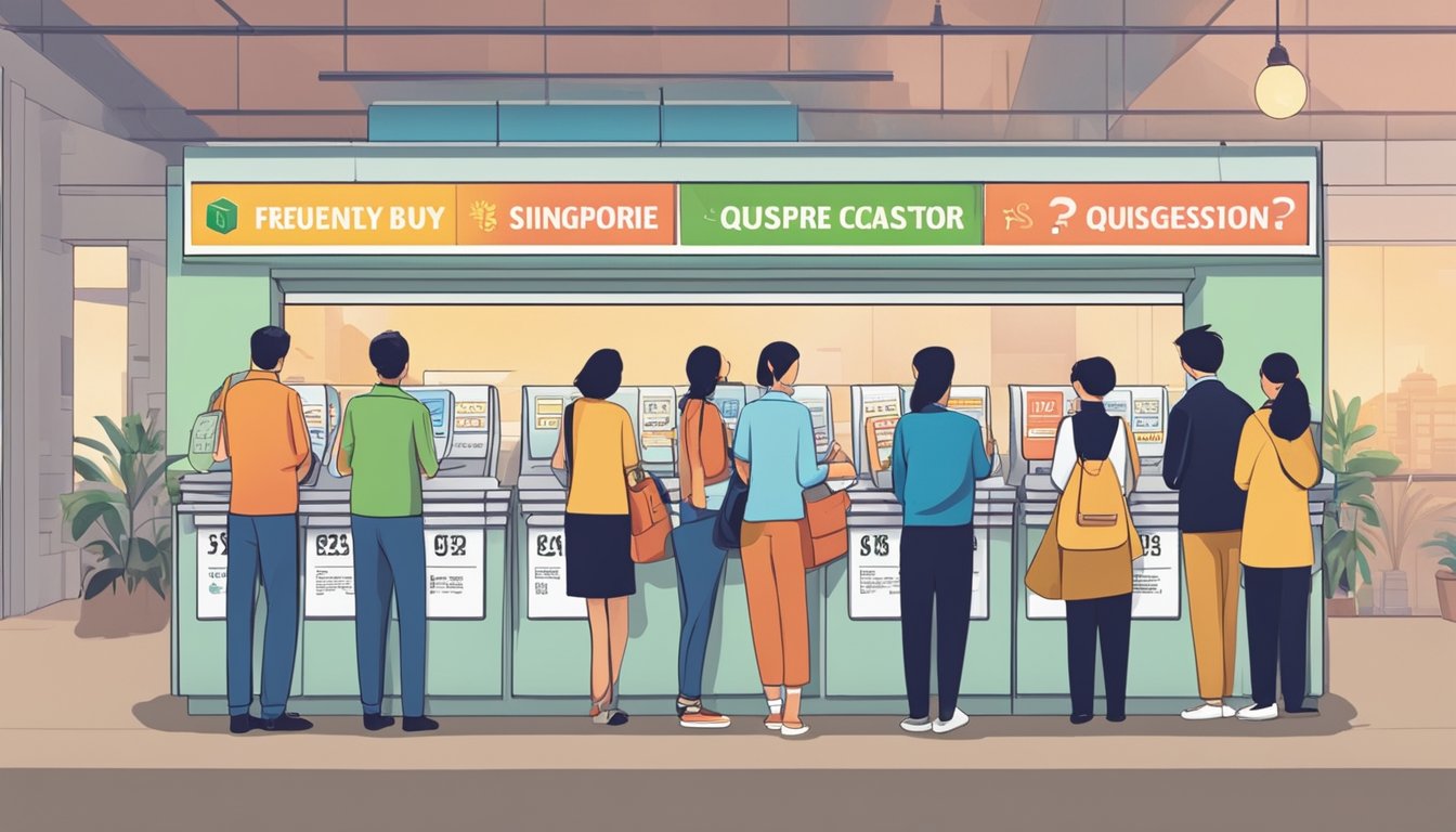 People lining up at a ticket counter, holding cash and lottery forms, with signs displaying "Frequently Asked Questions buy singapore toto online"