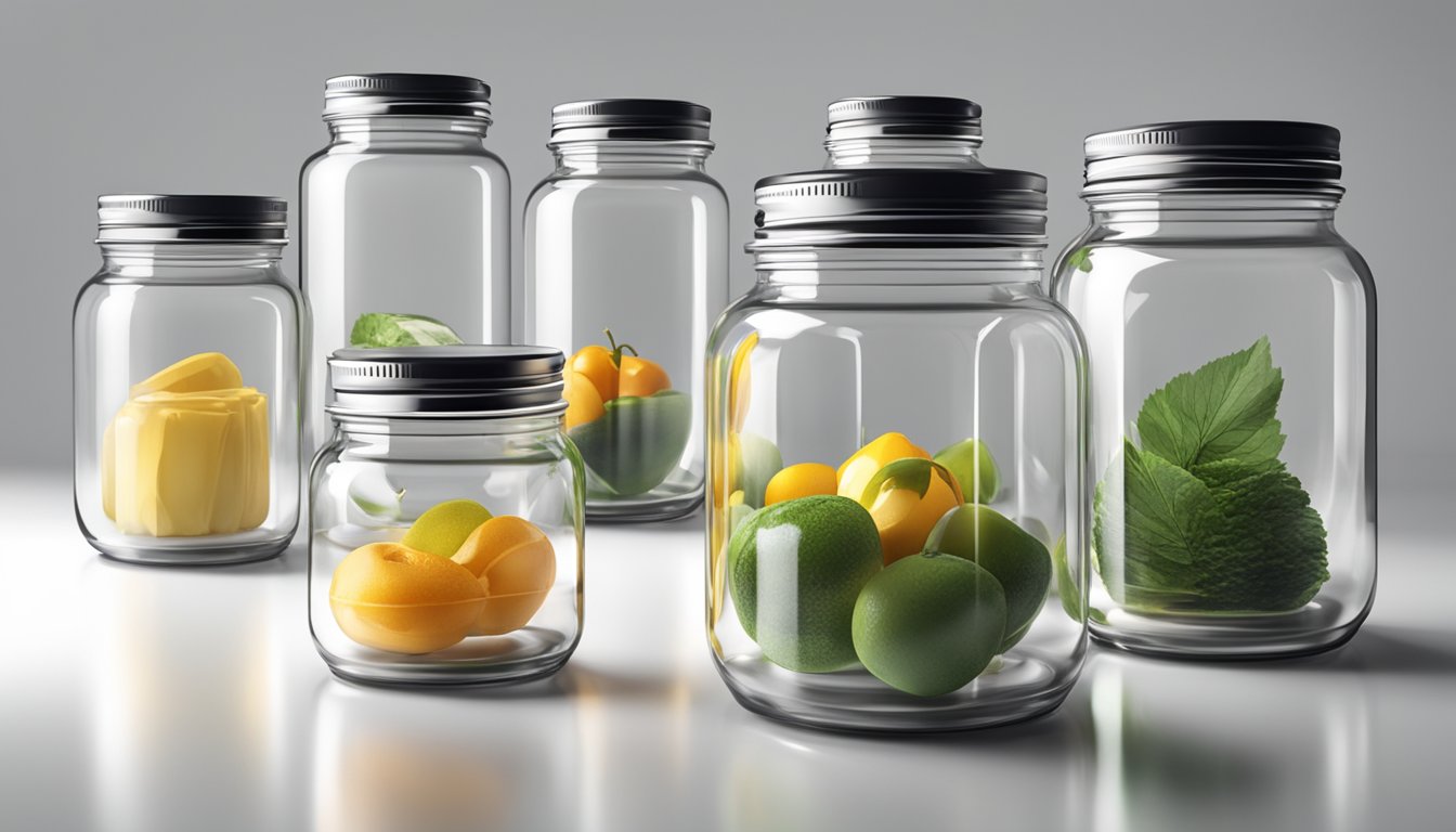 Glass jars with various lids and closures displayed on a clean, white surface. Bright lighting highlights the products, showcasing their quality and freshness