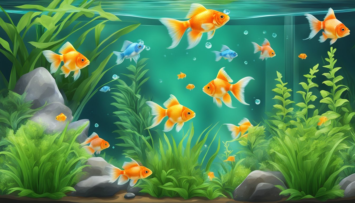 A clear glass fish tank with a variety of colorful goldfish swimming gracefully amidst green aquatic plants and bubbling air stones