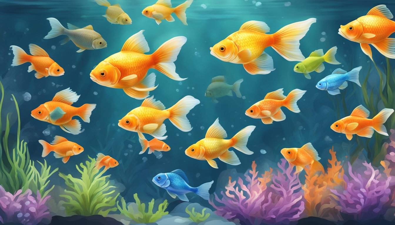 A colorful aquarium with various types of goldfish swimming in clear water, with a sign reading "Frequently Asked Questions: buy goldfish singapore" displayed prominently