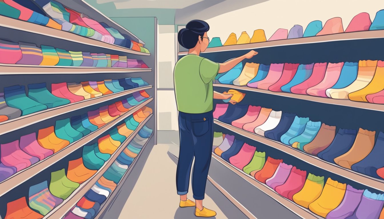 A person selecting colorful socks from a shelf in a Singaporean store