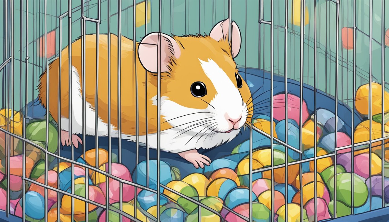 A hamster sits in a spacious, brightly colored cage with plenty of tunnels and platforms. The cage is filled with bedding, toys, and a food bowl