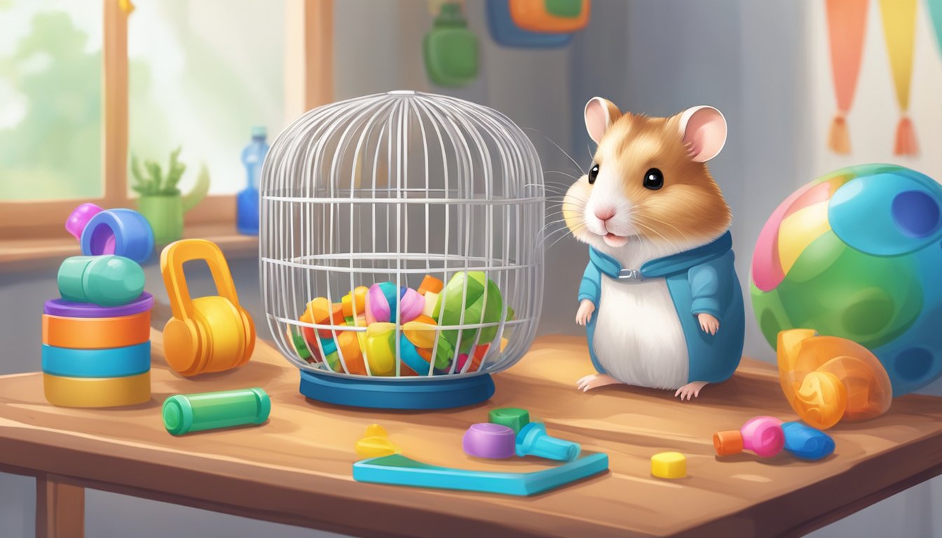A hamster cage sits on a table, filled with colorful toys and accessories. A water bottle, exercise wheel, and cozy bedding complete the cozy home for a happy hamster