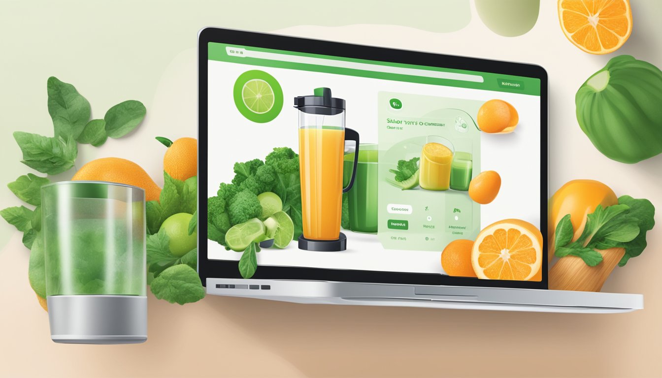A finger clicks "add to cart" on a computer screen showing a slow juicer. The website's logo is visible in the corner