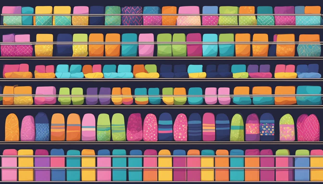 A colorful display of socks arranged neatly on shelves in a Singaporean boutique. Bright lights illuminate the array of patterns and styles available for purchase