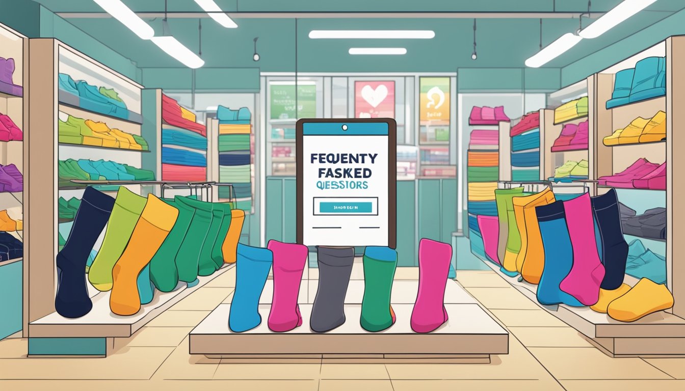 A display of colorful socks with "Frequently Asked Questions" signage in a Singaporean retail store