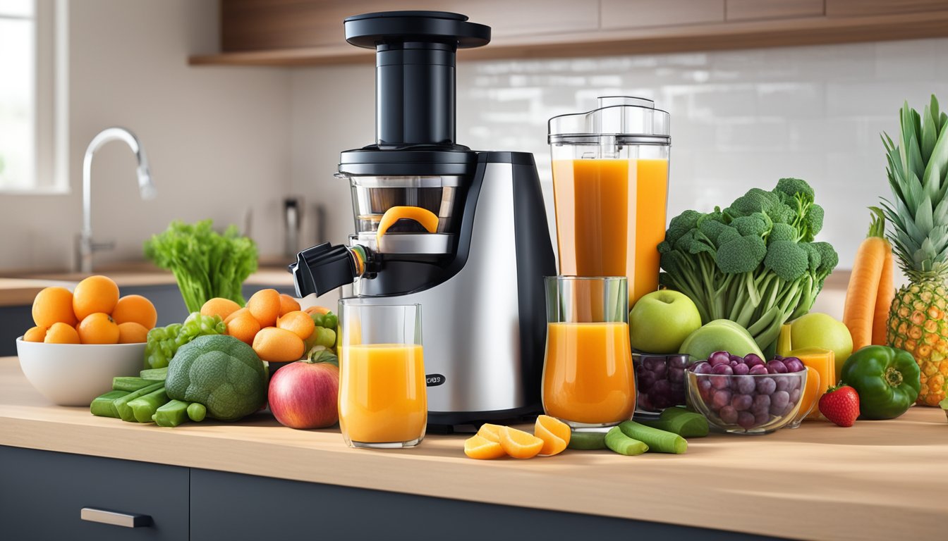 A slow juicer sits on a kitchen counter, surrounded by an array of fresh fruits and vegetables. A glass filled with vibrant, freshly squeezed juice is placed next to the juicer, highlighting the benefits of maximizing the juicing experience