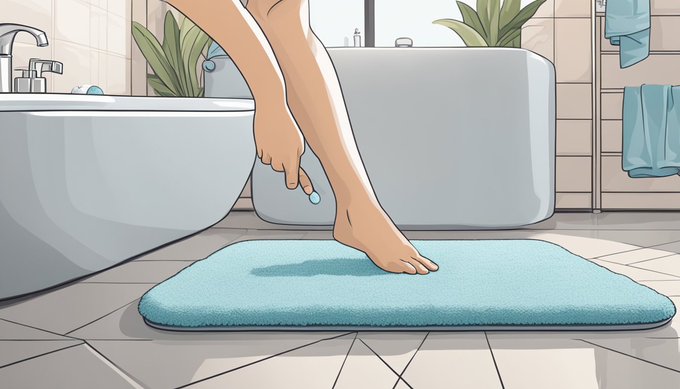 A hand reaches out to touch a soft, plush bath mat displayed on a clean, modern bathroom floor. Online shopping tab open on a laptop