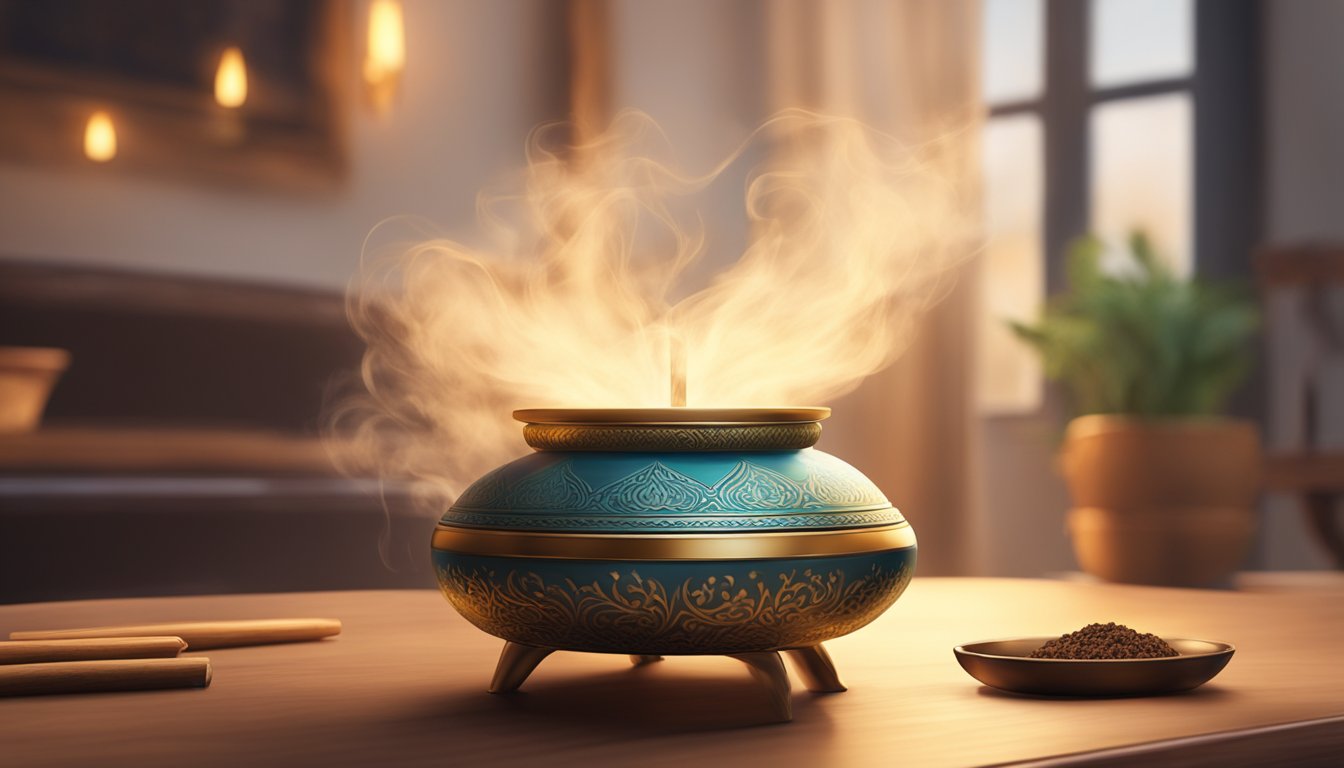 A room with incense smoke wafting through the air, creating a warm and inviting atmosphere. A decorative bakhoor burner sits on a table, emitting a fragrant aroma