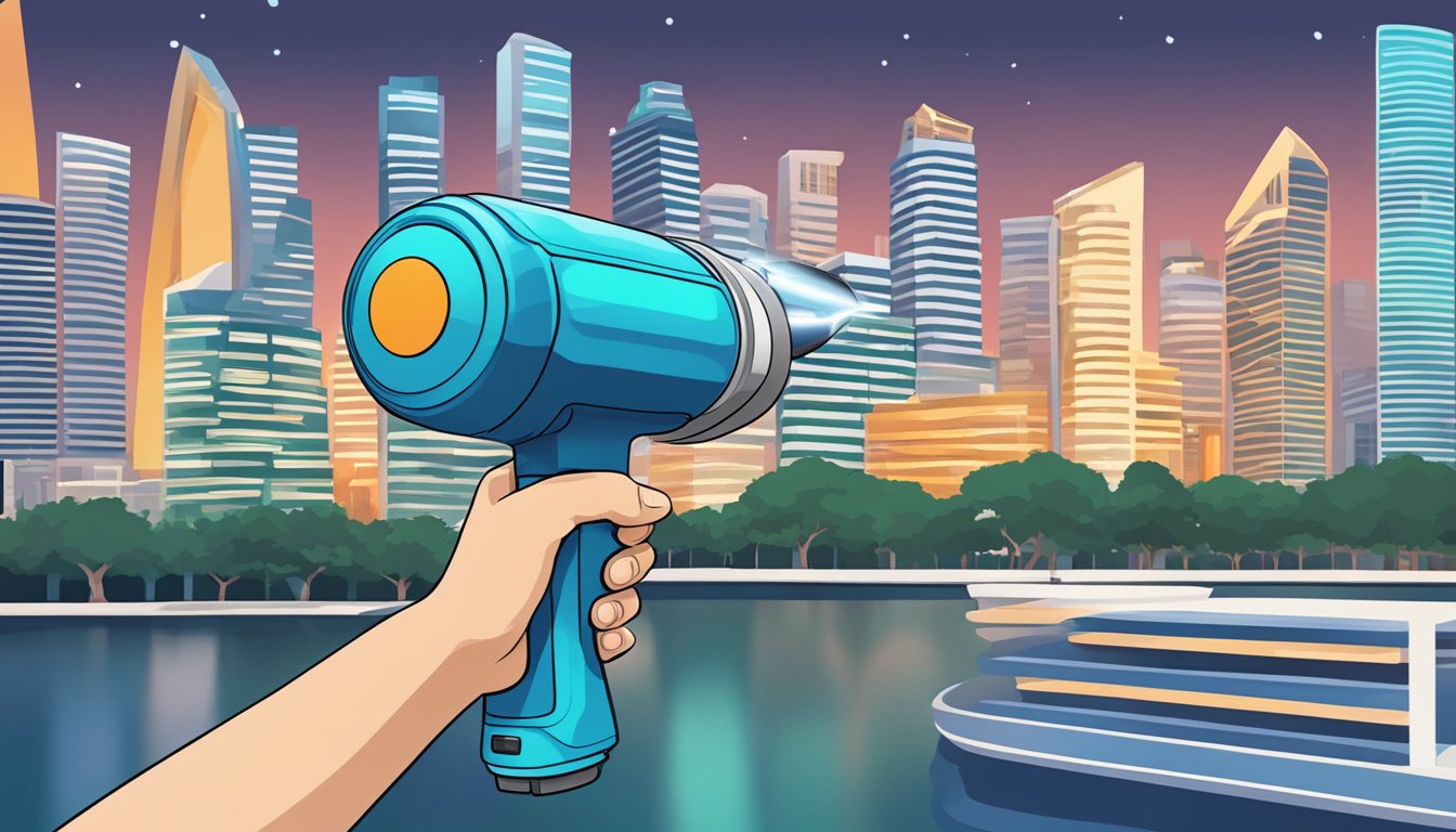 A hand holding a Hypervolt massage gun in front of a Singapore skyline